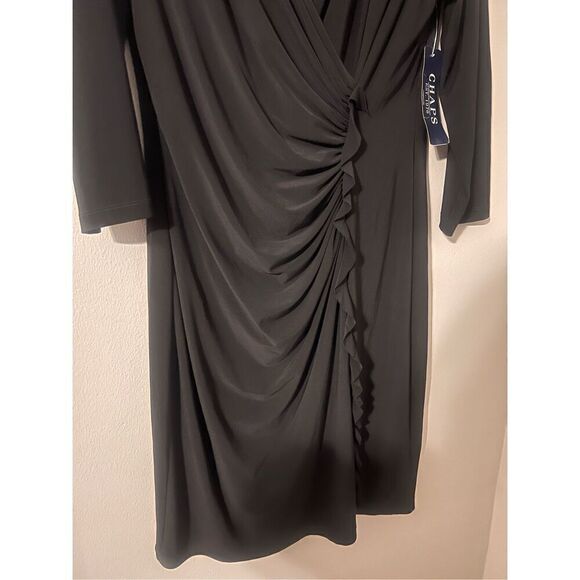 Chaps Size L Long Sleeve Gathered Cocktail Dress Solid Black Ruffle Detail New - Picture 2 of 7